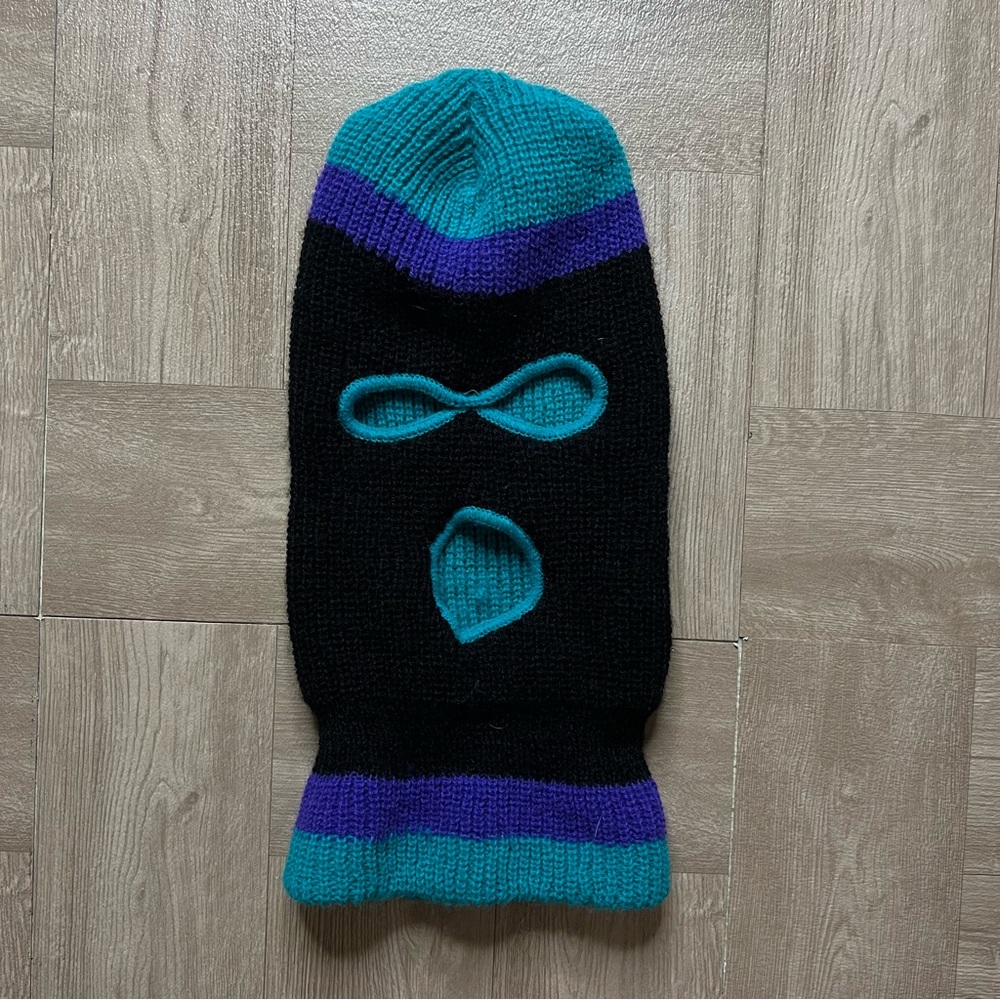 Black Knit Ski Mask with Teal and Purple Accents